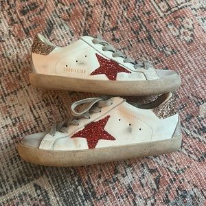 Superstar red gold glitter star shoes sequin white distressed size 6.5